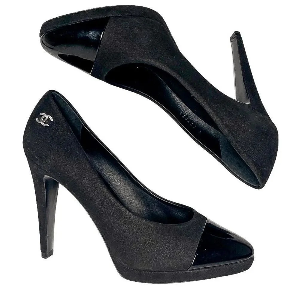 Chanel Interlocking CC Logo Black Fabric Pumps EU 38 US 7-7.5 Cap Toe High Heels